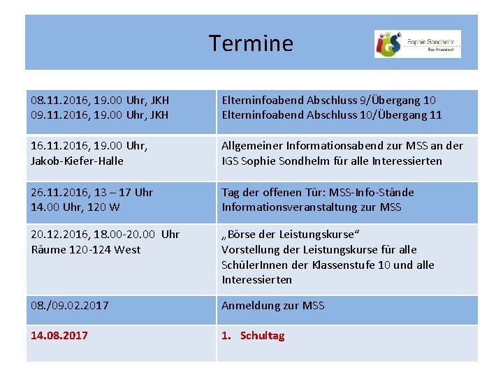Termine 08. 11. 2016, 19. 00 Uhr, JKH 09. 11. 2016, 19. 00 Uhr,