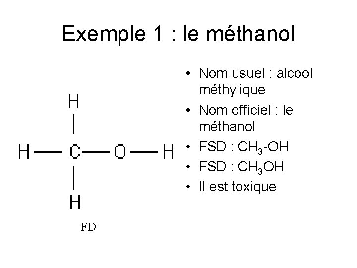 Exemple 1 : le méthanol • Nom usuel : alcool méthylique • Nom officiel