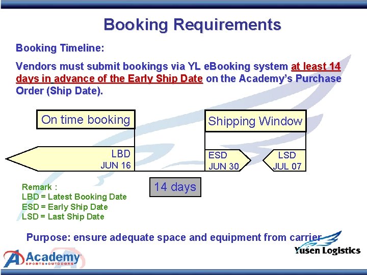 Booking Requirements Booking Timeline: Vendors must submit bookings via YL e. Booking system at