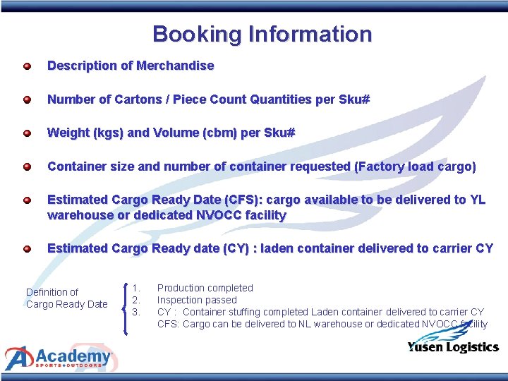 Booking Information Description of Merchandise Number of Cartons / Piece Count Quantities per Sku#