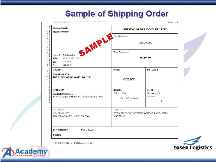 Sample of Shipping Order M A S E L P 