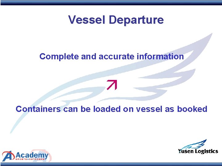 Vessel Departure Complete and accurate information Containers can be loaded on vessel as booked