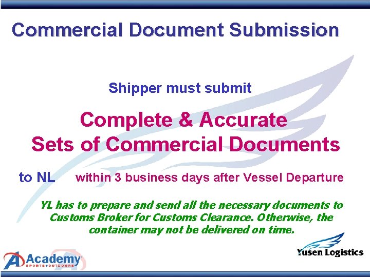 Commercial Document Submission Shipper must submit Complete & Accurate Sets of Commercial Documents to