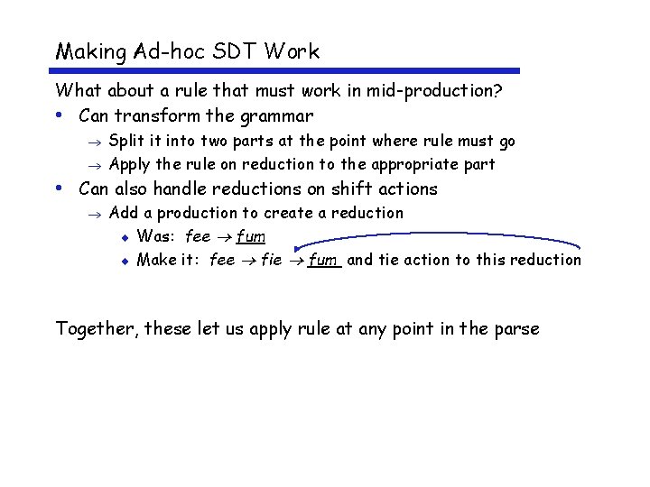 Making Ad-hoc SDT Work What about a rule that must work in mid-production? •