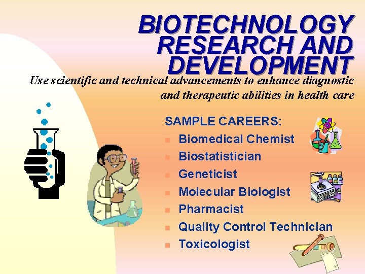 BIOTECHNOLOGY RESEARCH AND DEVELOPMENT Use scientific and technical advancements to enhance diagnostic and therapeutic