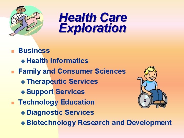 Health Care Exploration n Business u Health Informatics Family and Consumer Sciences u Therapeutic