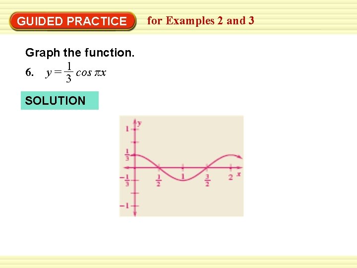 GUIDED PRACTICE Graph the function. 1 6. y = cos πx 3 SOLUTION for