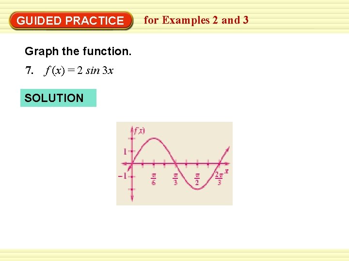 GUIDED PRACTICE Graph the function. 7. f (x) = 2 sin 3 x SOLUTION
