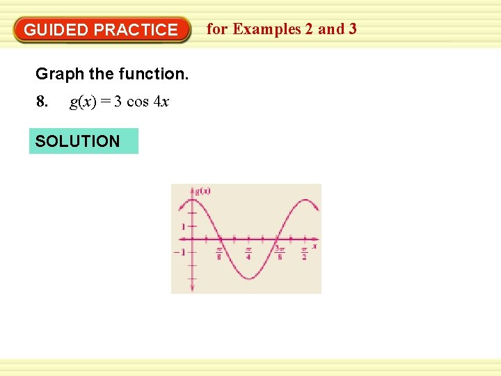 GUIDED PRACTICE Graph the function. 8. g(x) = 3 cos 4 x SOLUTION for