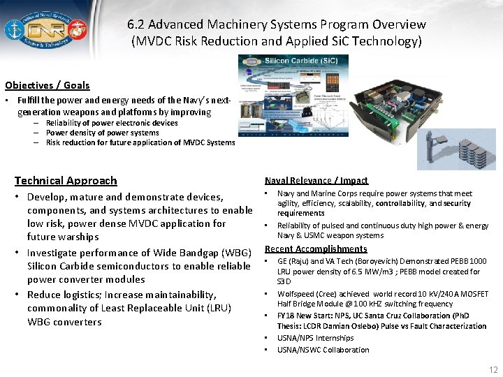6. 2 Advanced Machinery Systems Program Overview (MVDC Risk Reduction and Applied Si. C
