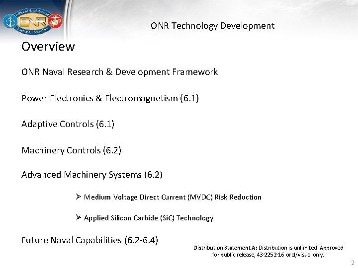 ONR Technology Development Overview ONR Naval Research & Development Framework Power Electronics & Electromagnetism