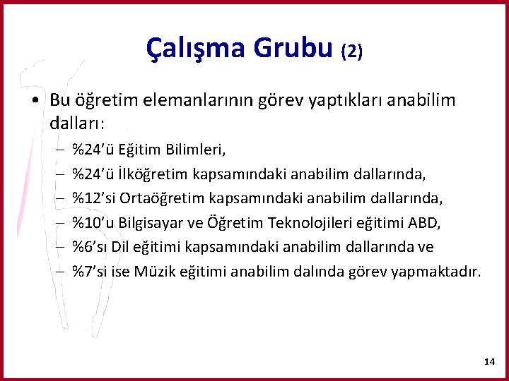 Çalışma Grubu (2) • Bu öğretim elemanlarının görev yaptıkları anabilim dalları: – – –