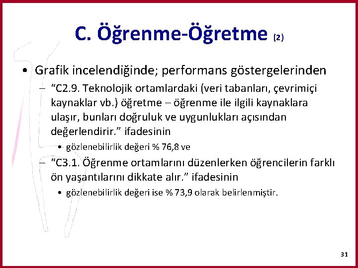 C. Öğrenme-Öğretme (2) • Grafik incelendiğinde; performans göstergelerinden – “C 2. 9. Teknolojik ortamlardaki
