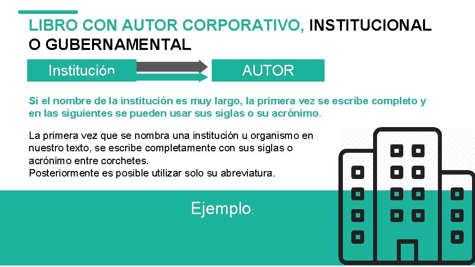 LIBRO CON AUTOR CORPORATIVO, INSTITUCIONAL O GUBERNAMENTAL Institución AUTOR Si el nombre de la LIBRO CON AUTOR CORPORATIVO, INSTITUCIONAL O GUBERNAMENTAL Institución AUTOR Si el nombre de la
