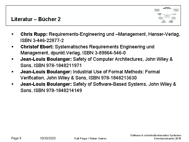 Literatur – Bücher 2 § § § Chris Rupp: Requirements-Engineering und –Management, Hanser-Verlag, ISBN Literatur – Bücher 2 § § § Chris Rupp: Requirements-Engineering und –Management, Hanser-Verlag, ISBN