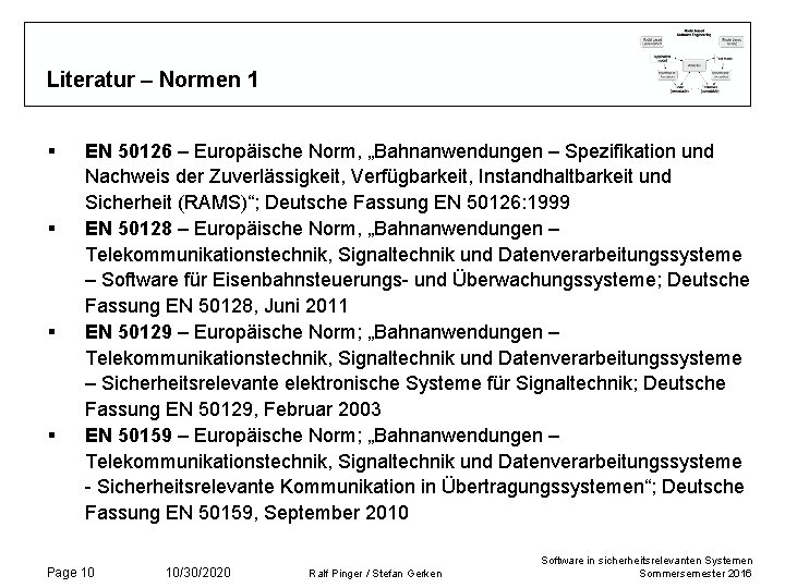 Literatur – Normen 1 § § EN 50126 – Europäische Norm, „Bahnanwendungen – Spezifikation Literatur – Normen 1 § § EN 50126 – Europäische Norm, „Bahnanwendungen – Spezifikation