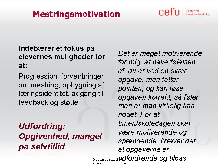 Mestringsmotivation Indebærer et fokus på elevernes muligheder for at: Progression, forventninger om mestring, opbygning