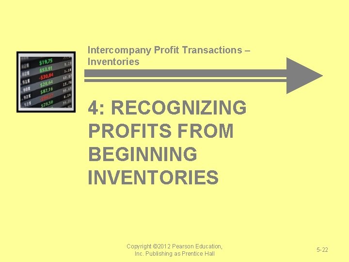 Intercompany Profit Transactions – Inventories 4: RECOGNIZING PROFITS FROM BEGINNING INVENTORIES Copyright © 2012