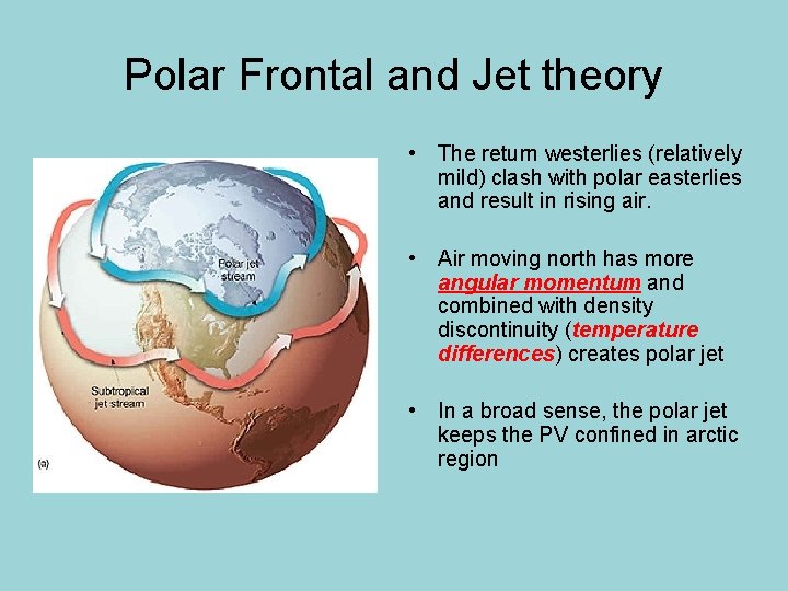 Polar Frontal and Jet theory • The return westerlies (relatively mild) clash with polar