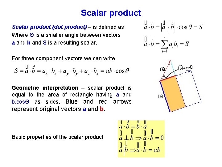 Scalar product (dot product) – is defined as Where Θ is a smaller angle