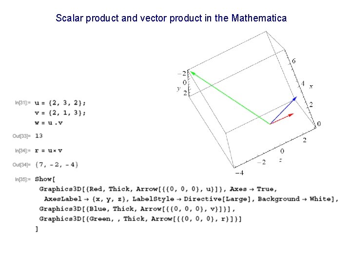 Scalar product and vector product in the Mathematica 