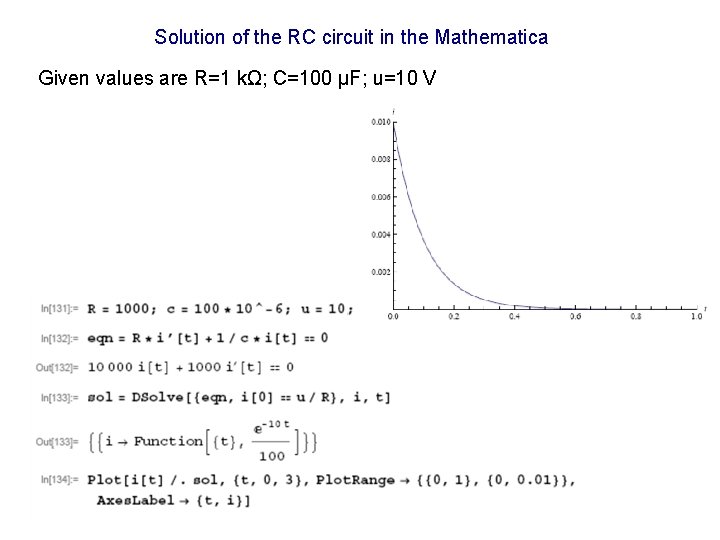 Solution of the RC circuit in the Mathematica Given values are R=1 kΩ; C=100