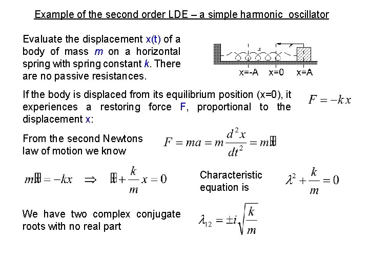 Example of the second order LDE – a simple harmonic oscillator Evaluate the displacement