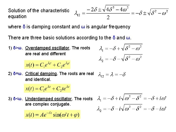 Solution of the characteristic equation where δ is damping constant and ω is angular