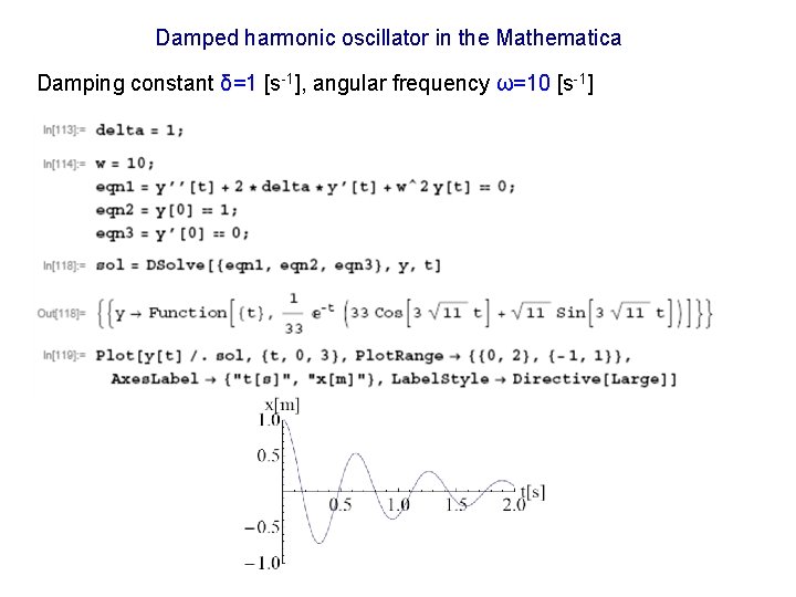 Damped harmonic oscillator in the Mathematica Damping constant δ=1 [s-1], angular frequency ω=10 [s-1]