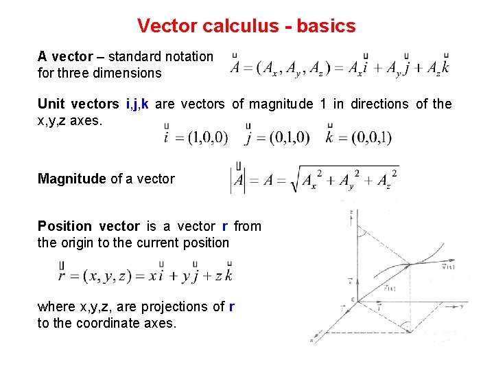 Vector calculus - basics A vector – standard notation for three dimensions Unit vectors
