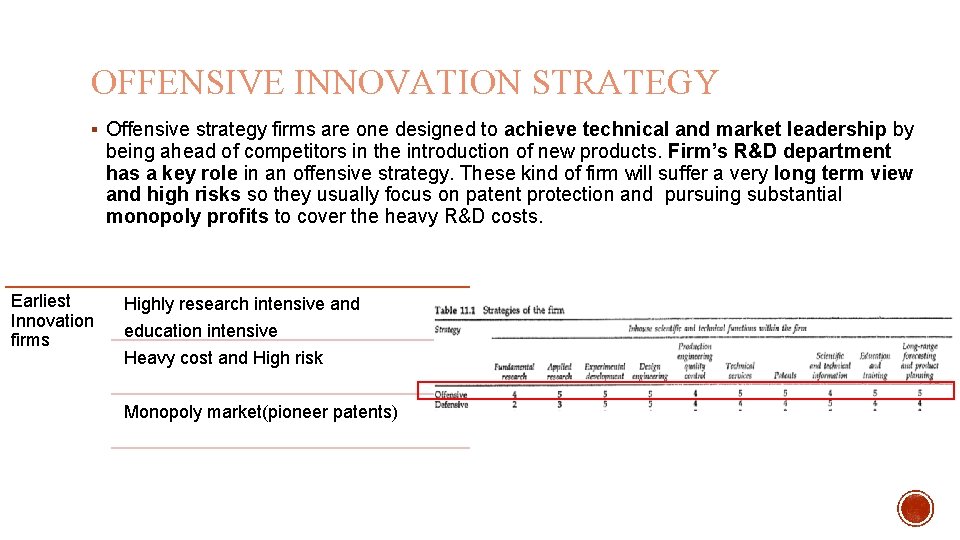 OFFENSIVE INNOVATION STRATEGY § Offensive strategy firms are one designed to achieve technical and