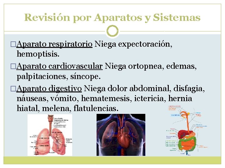 Revisión por Aparatos y Sistemas �Aparato respiratorio Niega expectoración, hemoptisis. �Aparato cardiovascular Niega ortopnea, Revisión por Aparatos y Sistemas �Aparato respiratorio Niega expectoración, hemoptisis. �Aparato cardiovascular Niega ortopnea,