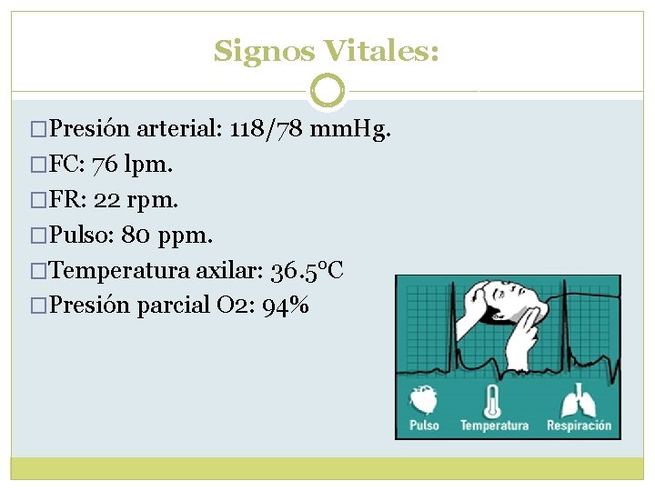 Signos Vitales: �Presión arterial: 118/78 mm. Hg. �FC: 76 lpm. �FR: 22 rpm. �Pulso: Signos Vitales: �Presión arterial: 118/78 mm. Hg. �FC: 76 lpm. �FR: 22 rpm. �Pulso: