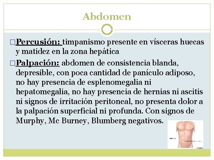 Abdomen �Percusión: timpanismo presente en vísceras huecas y matidez en la zona hepática �Palpación: Abdomen �Percusión: timpanismo presente en vísceras huecas y matidez en la zona hepática �Palpación: