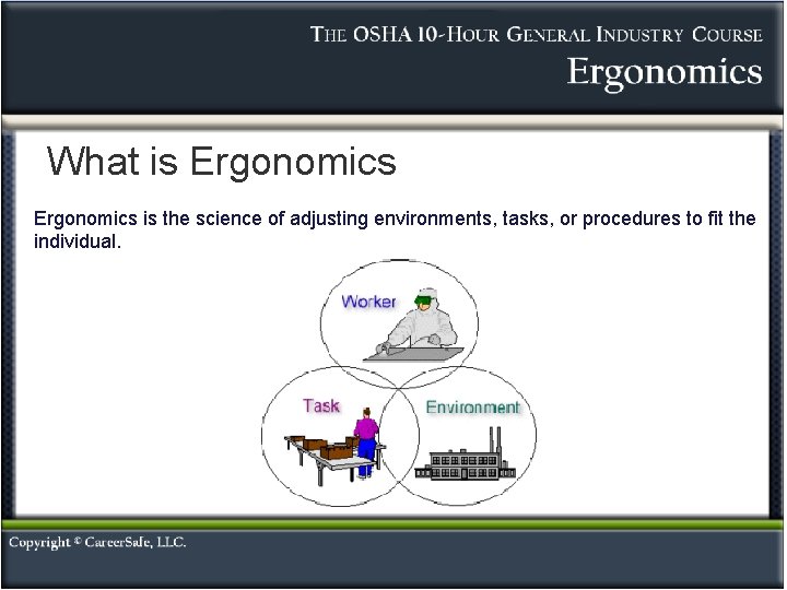 What is Ergonomics is the science of adjusting environments, tasks, or procedures to fit What is Ergonomics is the science of adjusting environments, tasks, or procedures to fit