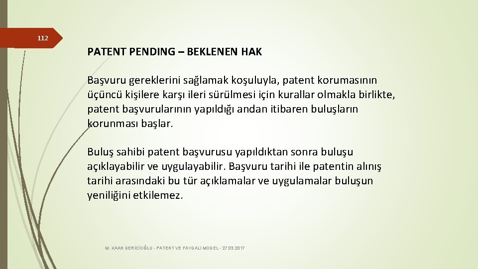 112 PATENT PENDING – BEKLENEN HAK Başvuru gereklerini sağlamak koşuluyla, patent korumasının üçüncü kişilere