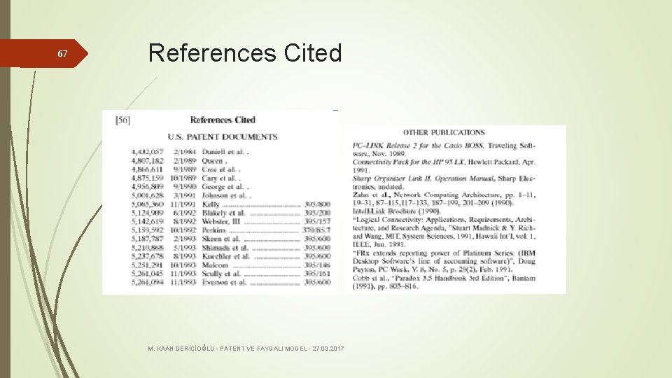 67 References Cited M. KAAN DERİCİOĞLU - PATENT VE FAYDALI MODEL - 27. 03.