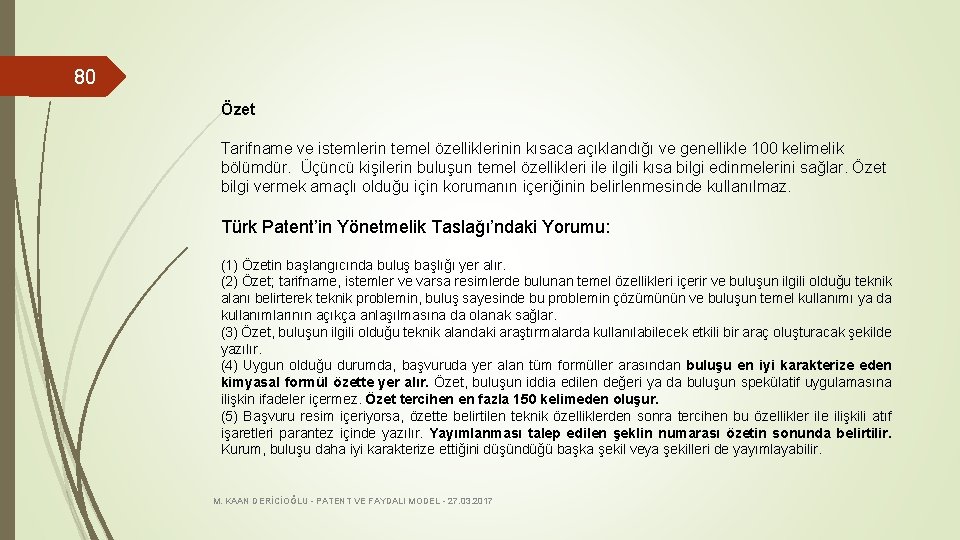 80 Özet Tarifname ve istemlerin temel özelliklerinin kısaca açıklandığı ve genellikle 100 kelimelik bölümdür.