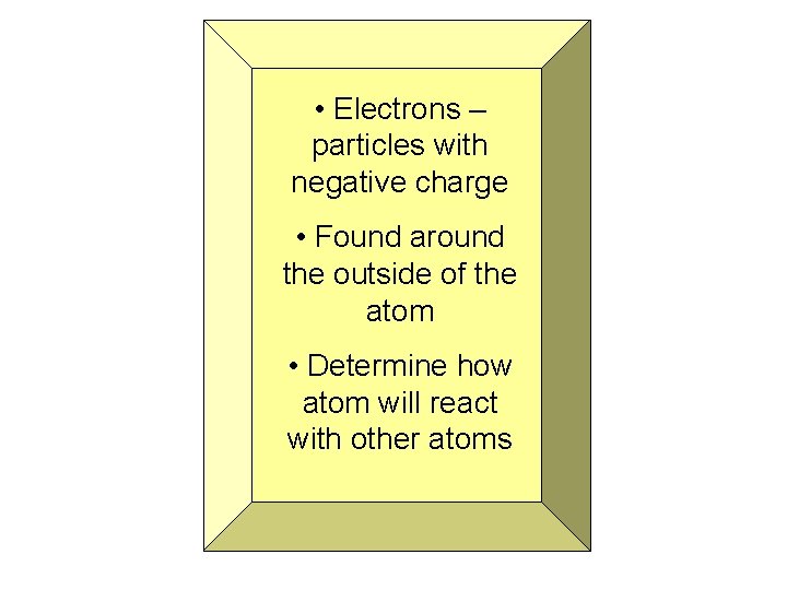  • Electrons – particles with negative charge • Found around the outside of