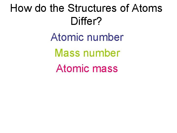 How do the Structures of Atoms Differ? Atomic number Mass number Atomic mass 