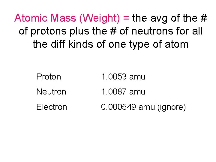Atomic Mass (Weight) = the avg of the # of protons plus the #