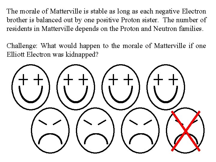 The morale of Matterville is stable as long as each negative Electron brother is