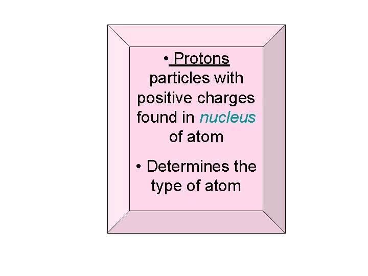  • Protons particles with positive charges found in nucleus of atom • Determines