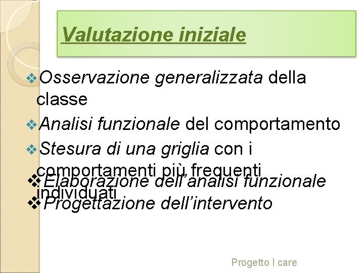 Valutazione iniziale v. Osservazione generalizzata della classe v. Analisi funzionale del comportamento v. Stesura