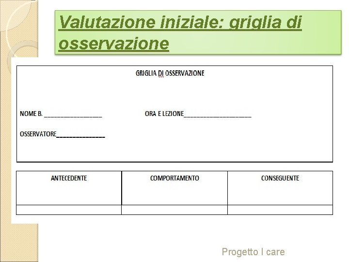 Valutazione iniziale: griglia di osservazione Progetto I care 