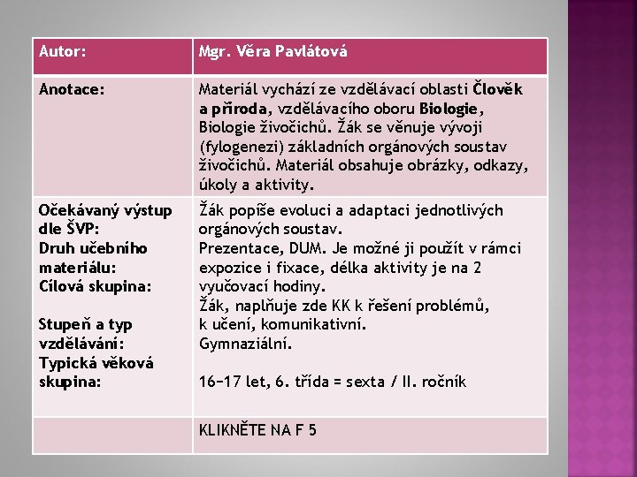 Autor: Mgr. Věra Pavlátová Anotace: Materiál vychází ze vzdělávací oblasti Člověk a příroda, vzdělávacího