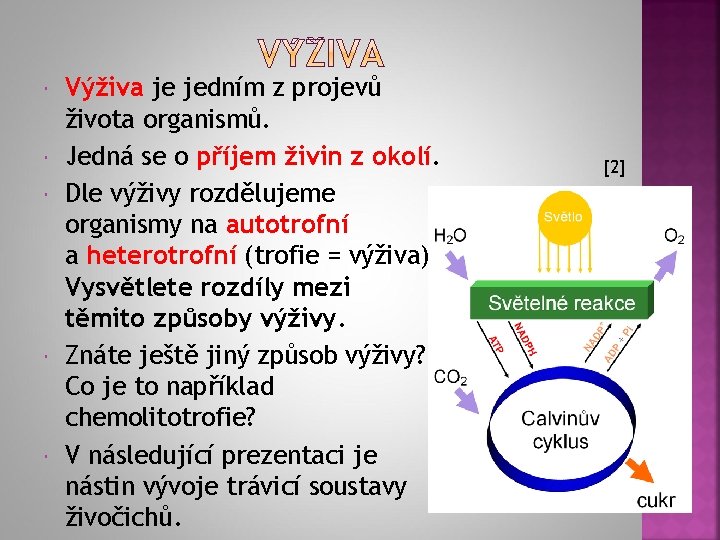  Výživa je jedním z projevů života organismů. Jedná se o příjem živin z