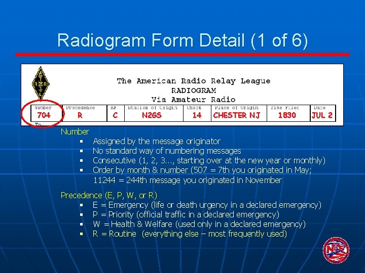 Radiogram Form Detail (1 of 6) 704 R Number § § C N 2