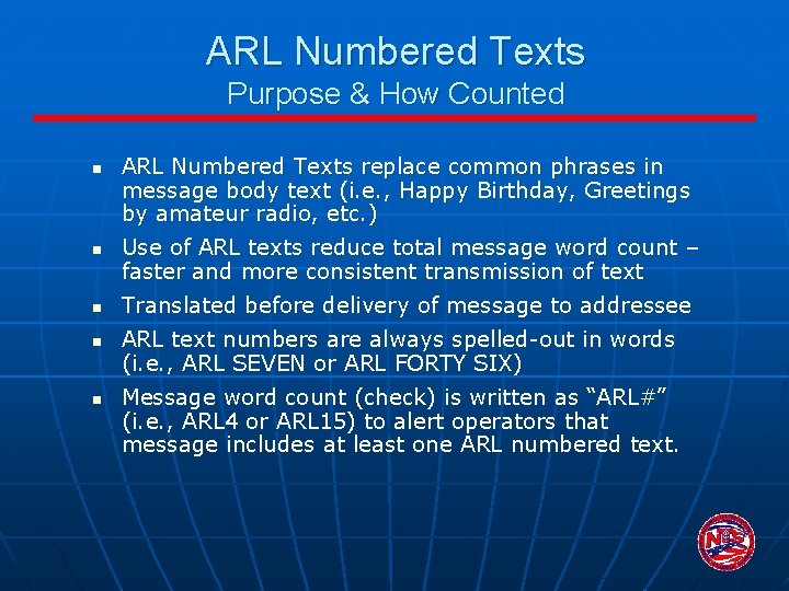 ARL Numbered Texts Purpose & How Counted n n n ARL Numbered Texts replace