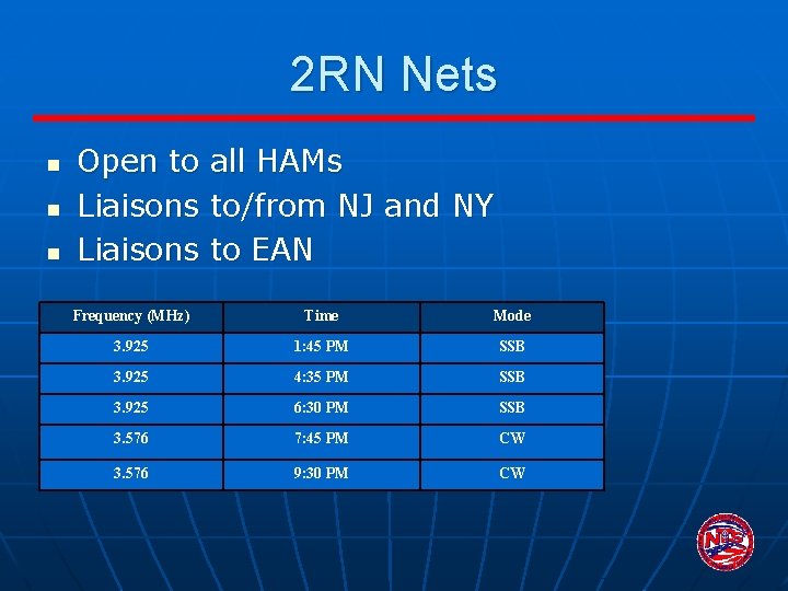 2 RN Nets n n n Open to all HAMs Liaisons to/from NJ and